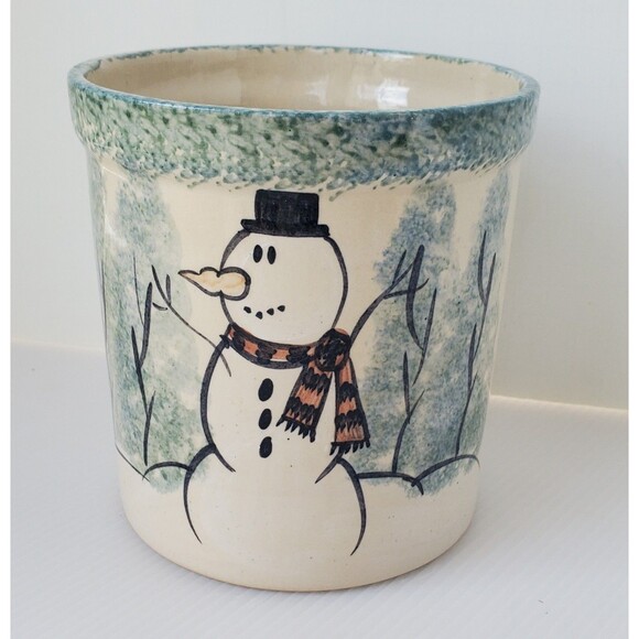 Stoneware Pottery Green Spongeware Utensil Crock Snowman Country Primitive 5.25" - Picture 1 of 9